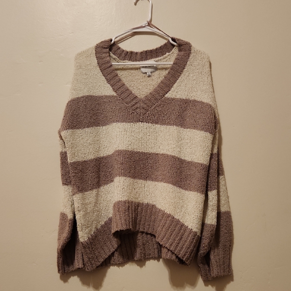 Pink Rose V-Neck Sweater - Cream and Brown